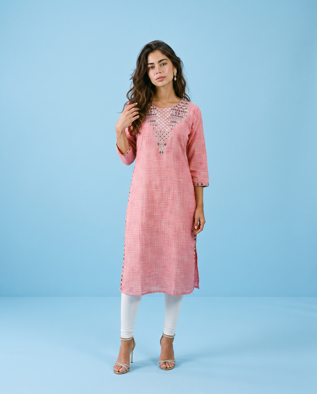 Pink Embroidered Cotton Straight cut Long Kurta