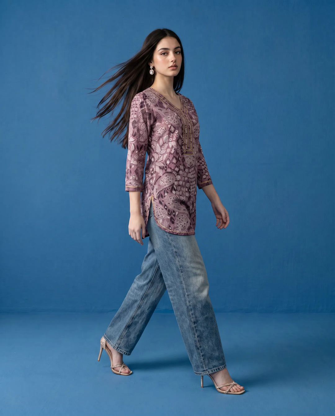 Purple Printed Cotton Short Kurti