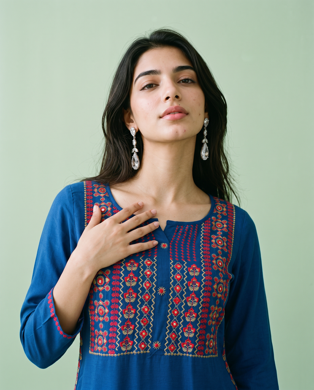 Royal Blue Embroidered Rayon Straight Cut Long Kurta
