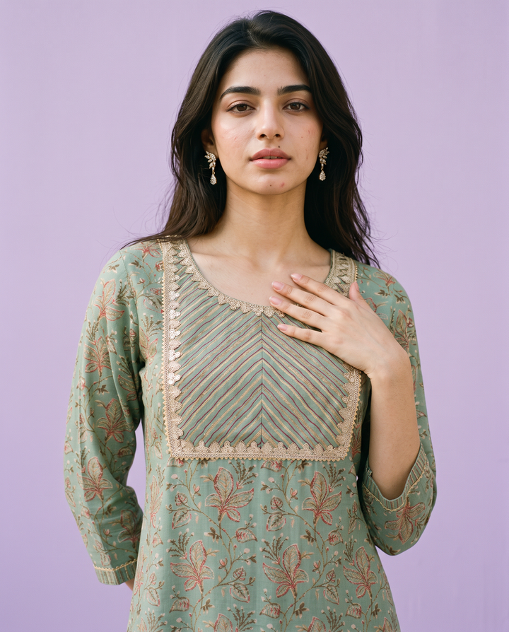 Green Printed Viscose Blended Straight cut Long Kurta