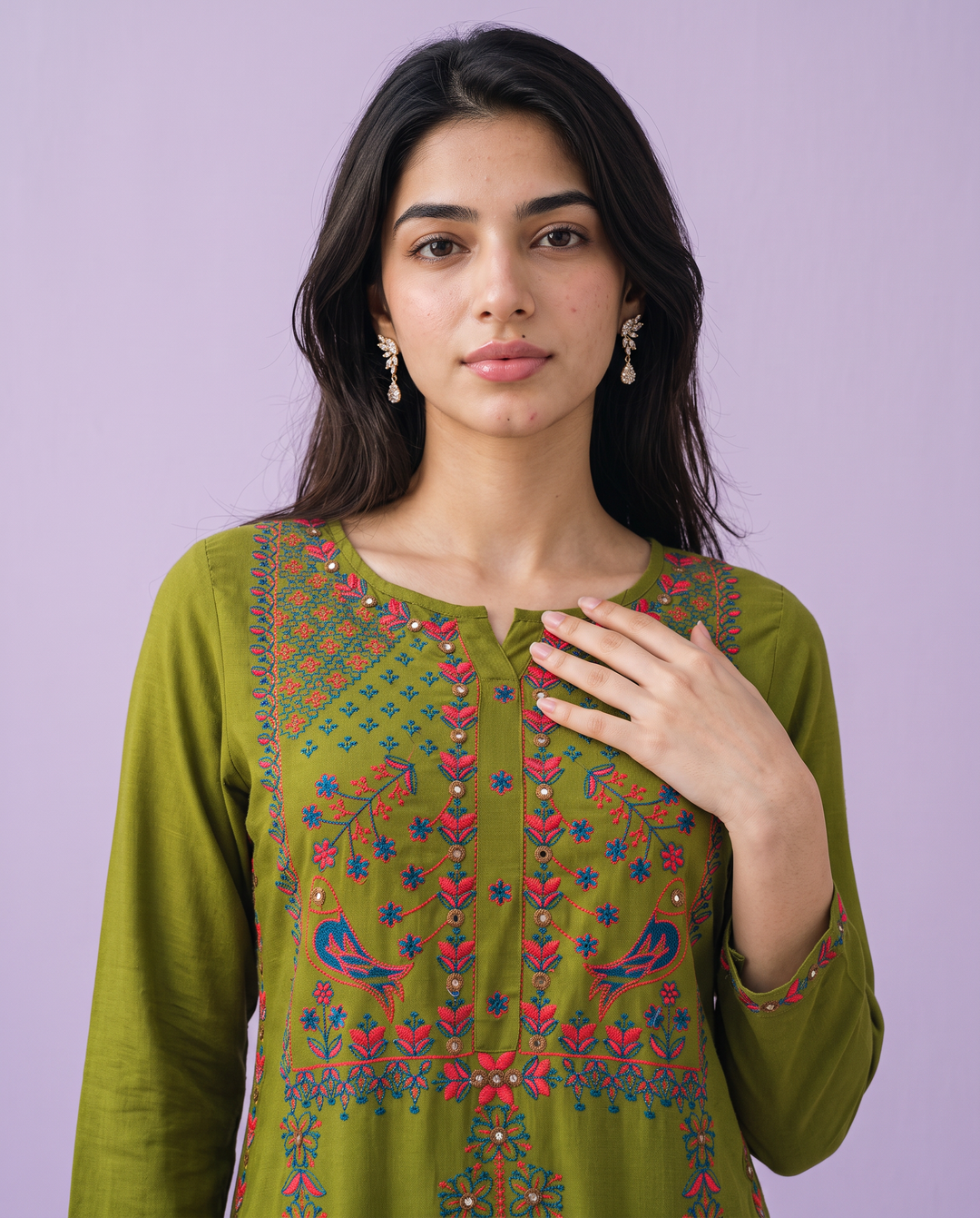Olive Embroidered Rayon Straight Cut Long Kurta