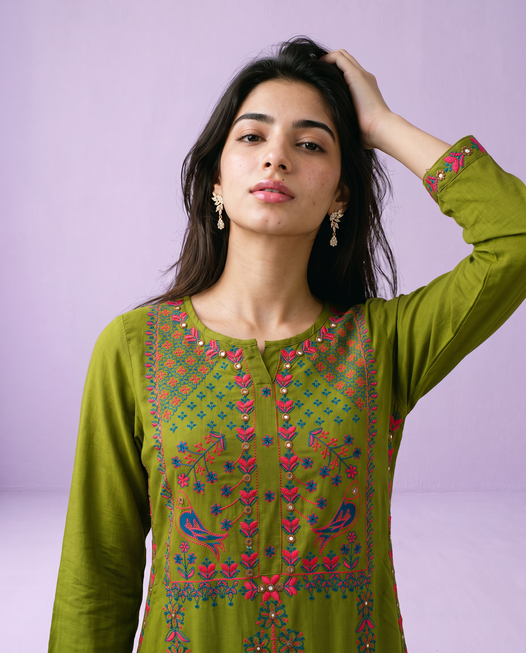 Olive Embroidered Rayon Straight Cut Long Kurta