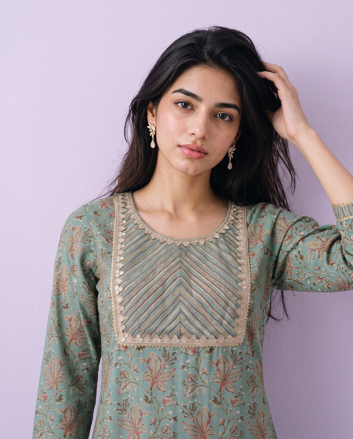 Green Printed Viscose Blended Straight cut Long Kurta