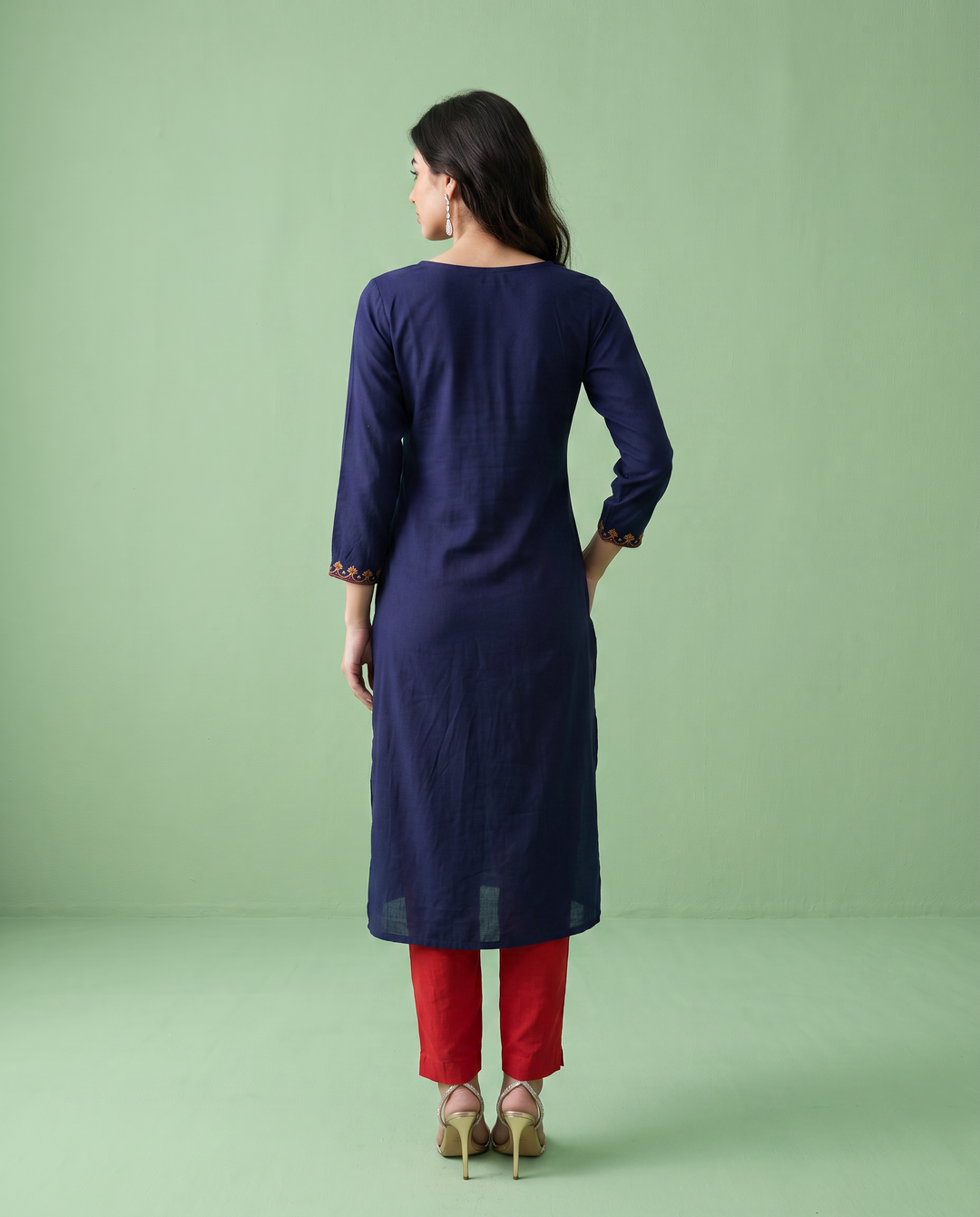 Navy Embroidered Rayon Straight Cut Long Kurta