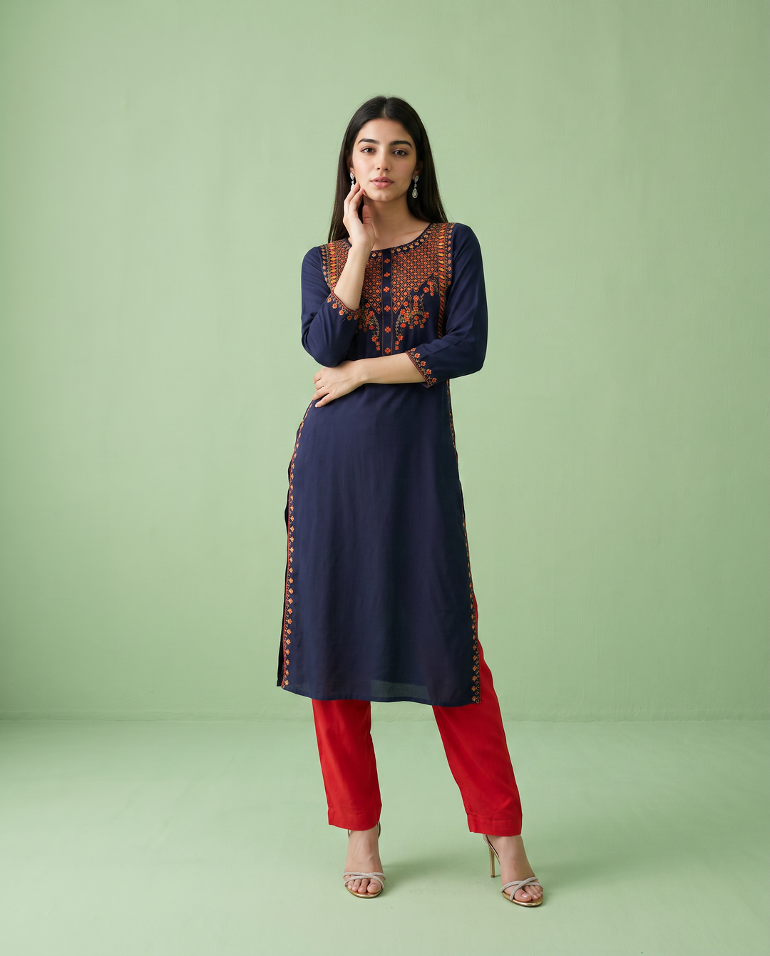 Navy Embroidered Rayon Straight Cut Long Kurta