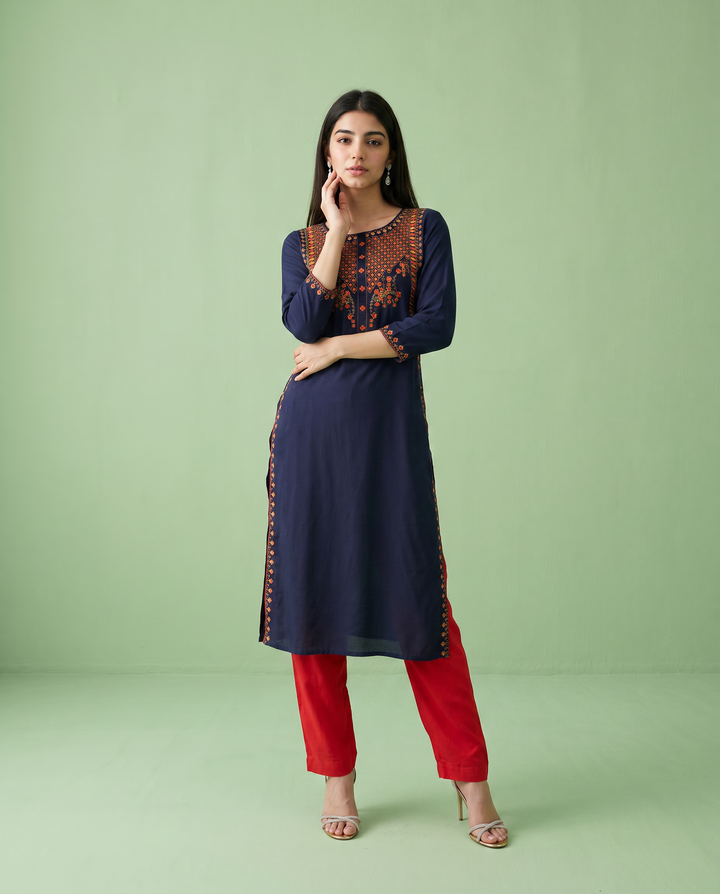 Navy Embroidered Rayon Straight Cut Long Kurta