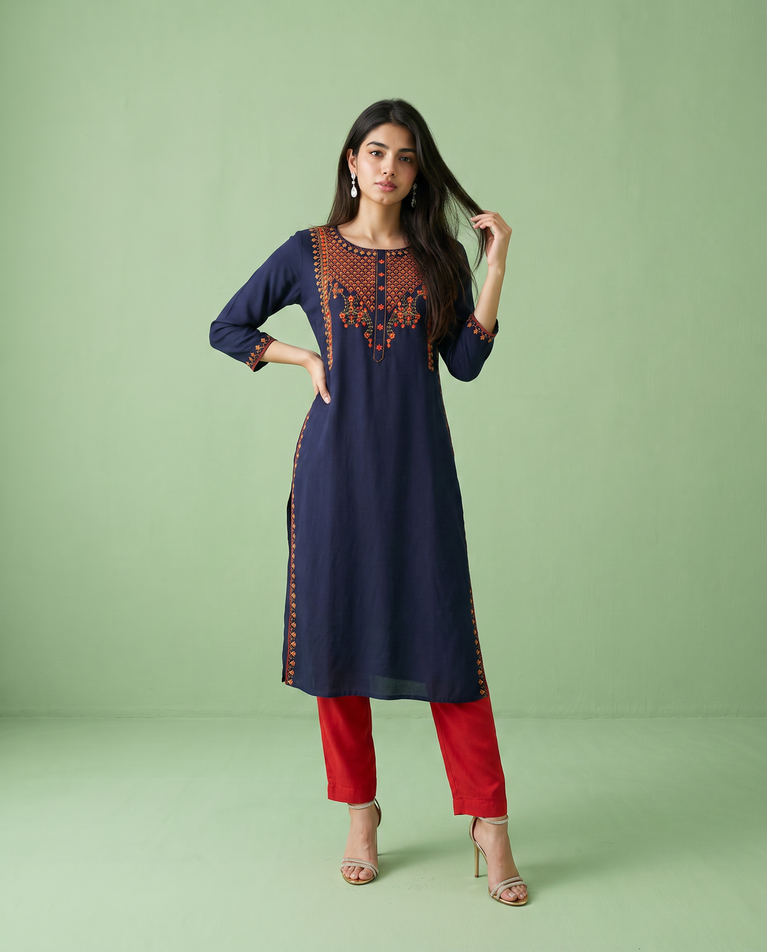Navy Embroidered Rayon Straight Cut Long Kurta