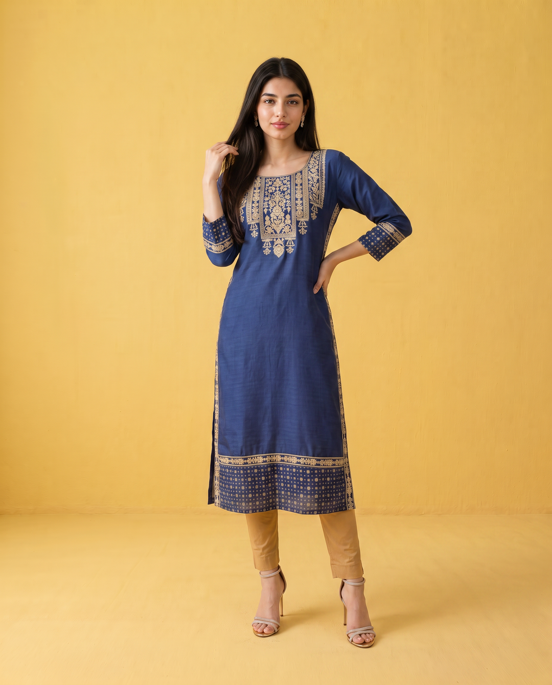 Navy Embroidered Viscose Blended Straight cut Long Kurta