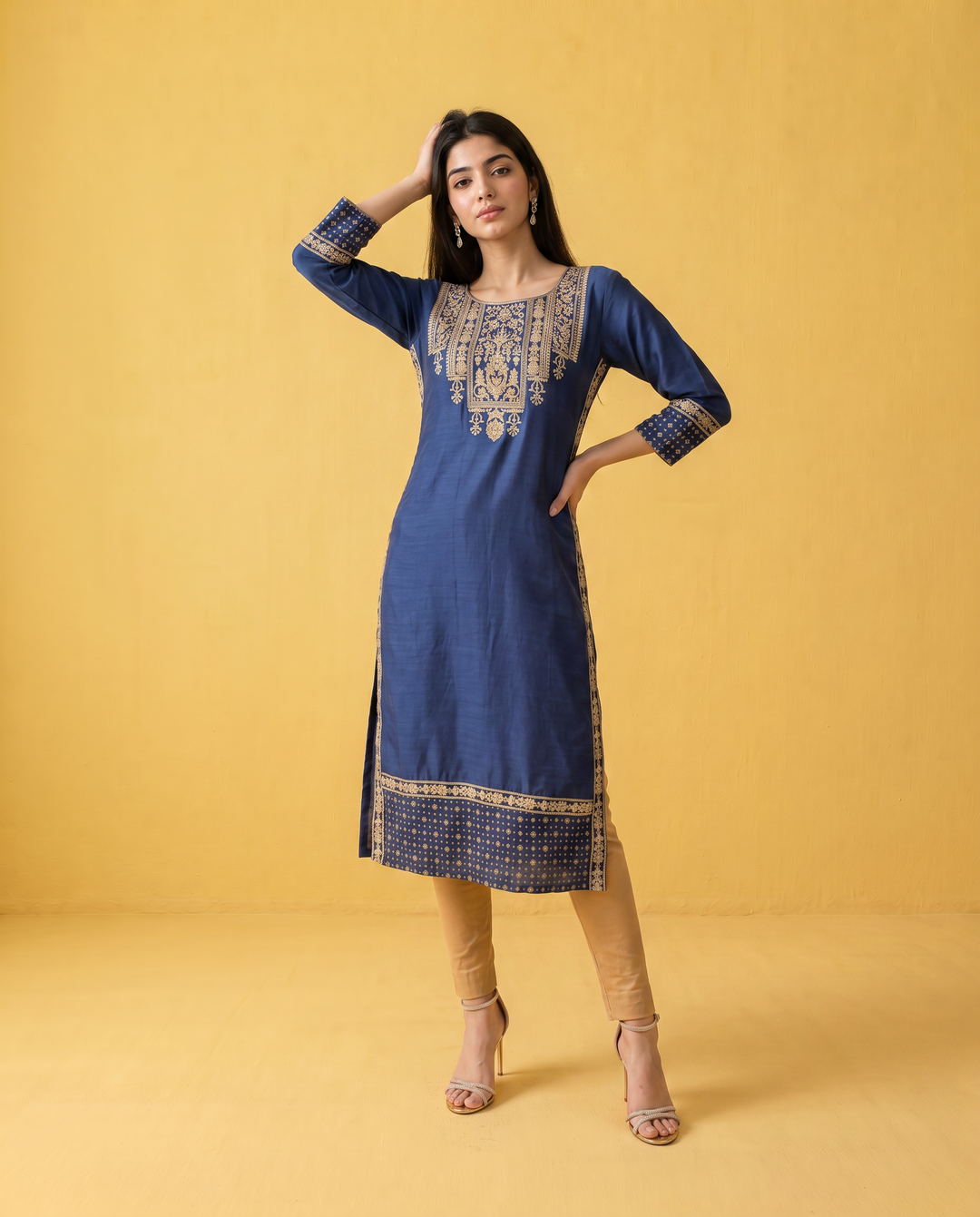 Navy Embroidered Viscose Blended Straight cut Long Kurta
