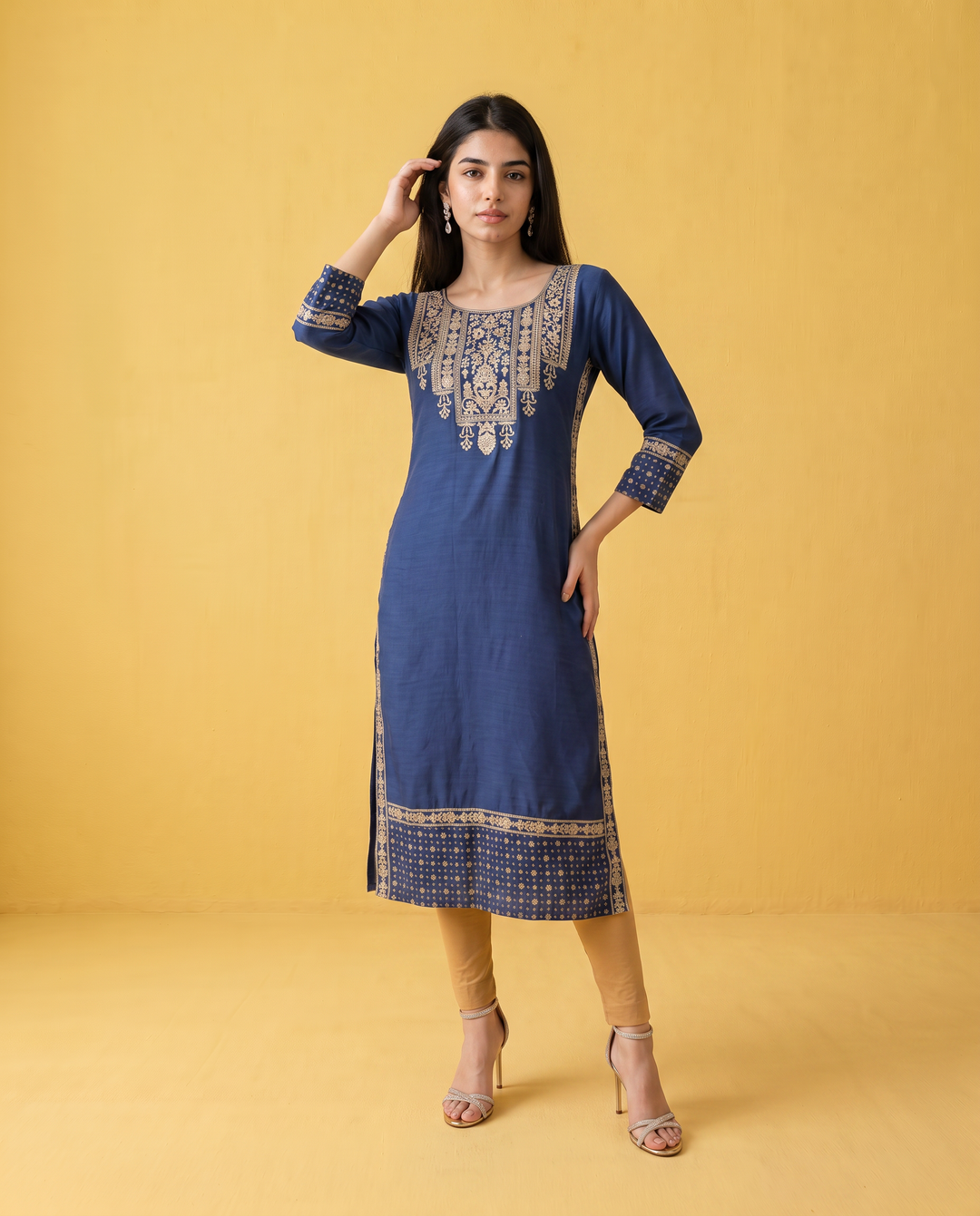 Navy Embroidered Viscose Blended Straight cut Long Kurta