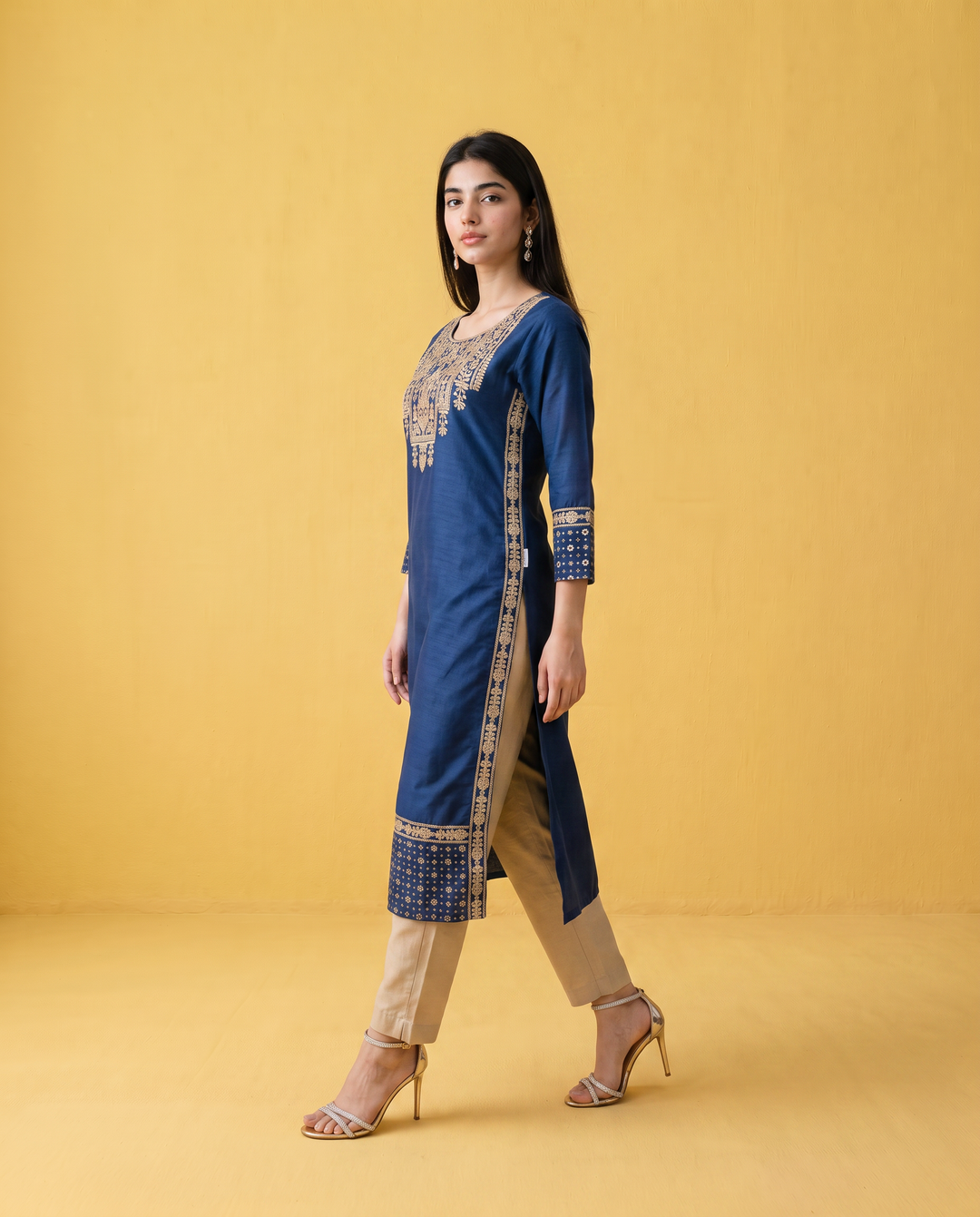 Navy Embroidered Viscose Blended Straight cut Long Kurta