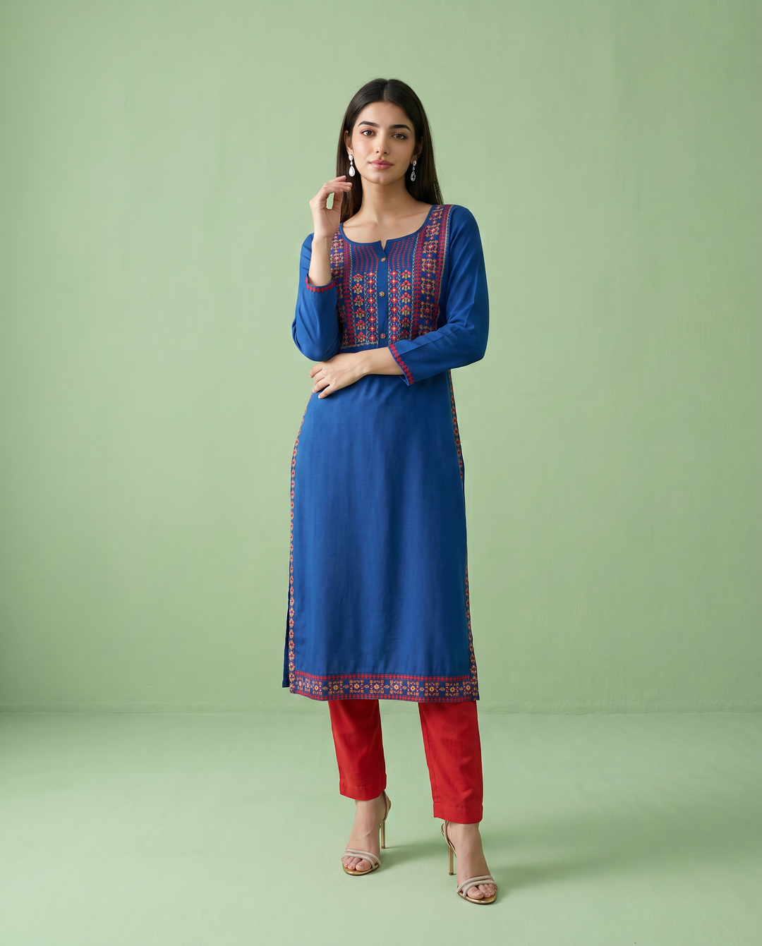 Royal Blue Embroidered Rayon Straight Cut Long Kurta