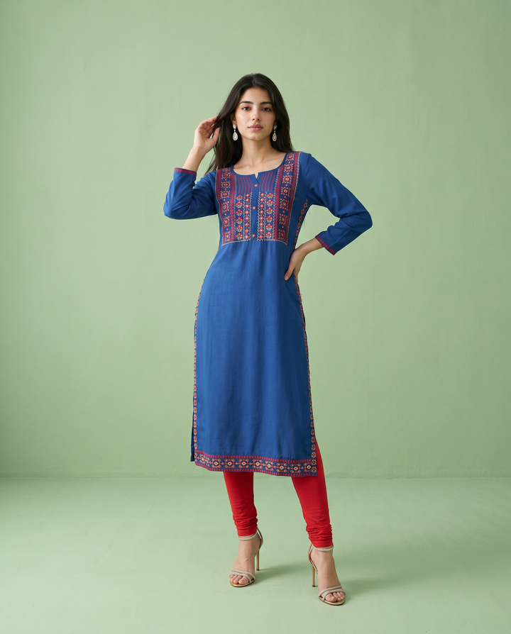 Royal Blue Embroidered Rayon Straight Cut Long Kurta