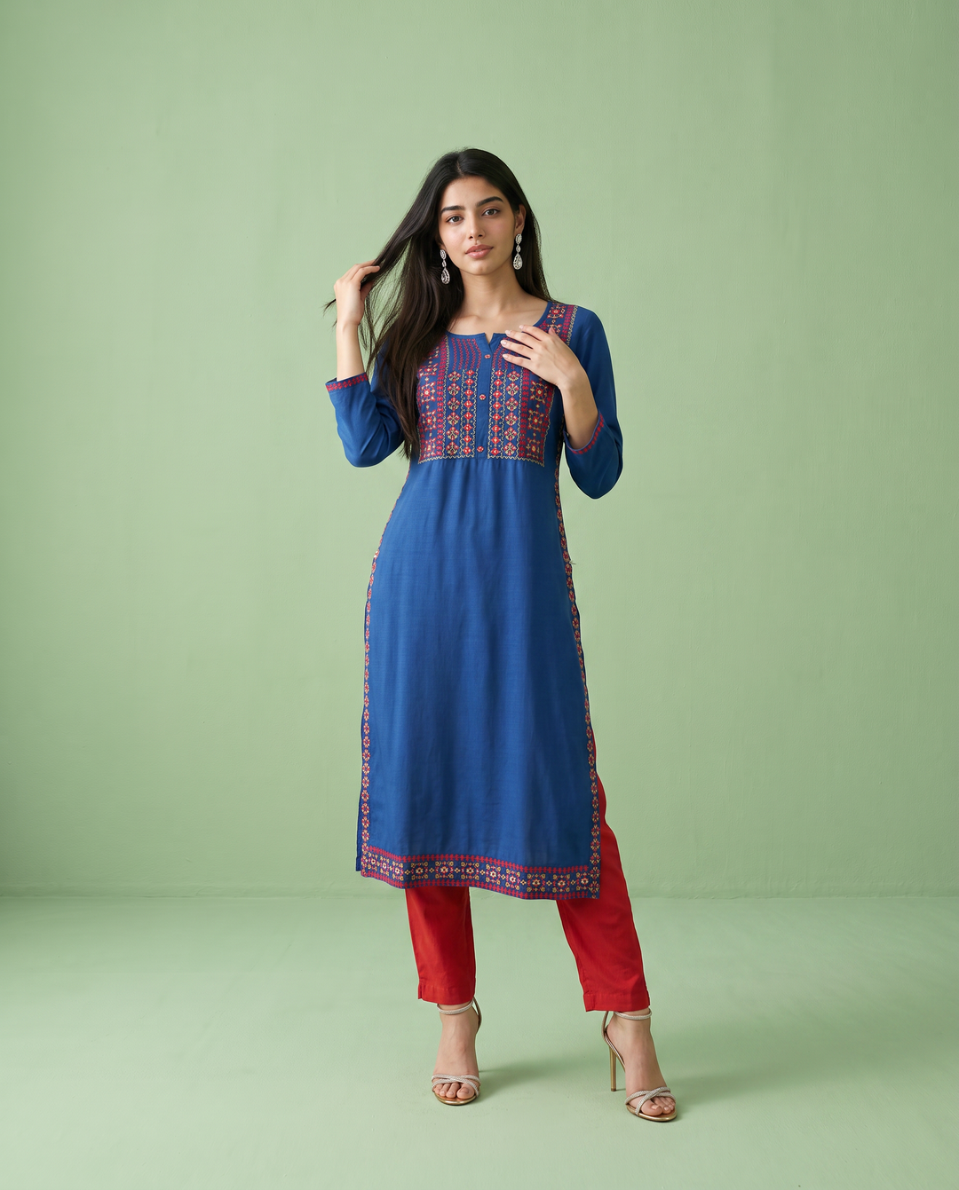 Royal Blue Embroidered Rayon Straight Cut Long Kurta