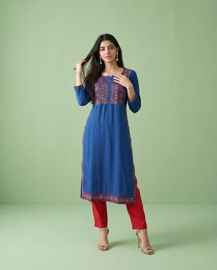 Royal Blue Embroidered Rayon Straight Cut Long Kurta