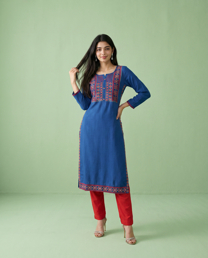 Royal Blue Embroidered Rayon Straight Cut Long Kurta