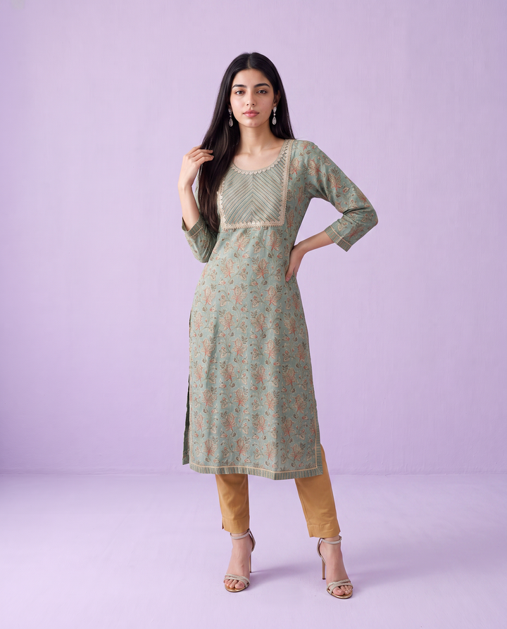 Green Printed Viscose Blended Straight cut Long Kurta