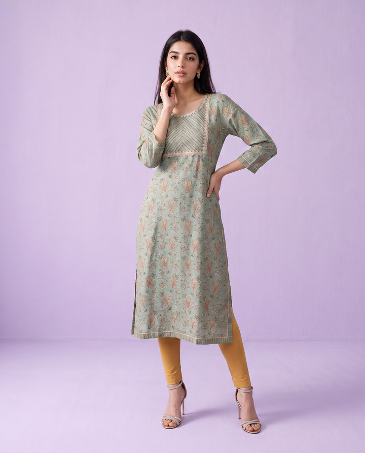 Green Printed Viscose Blended Straight cut Long Kurta
