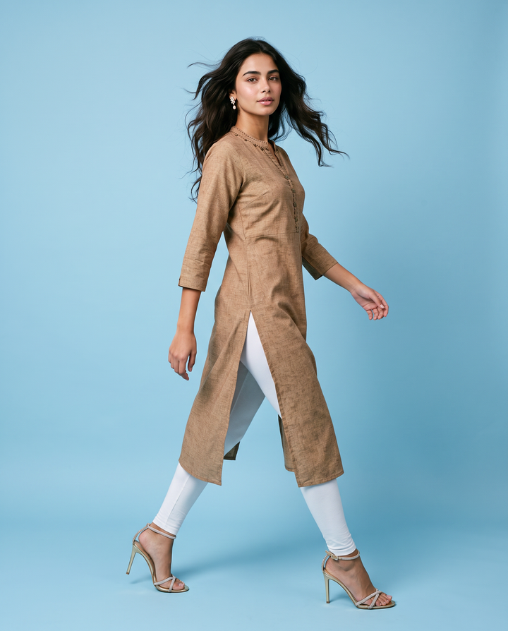 Brown Solid Rayon Blended Straight cut Long Kurta
