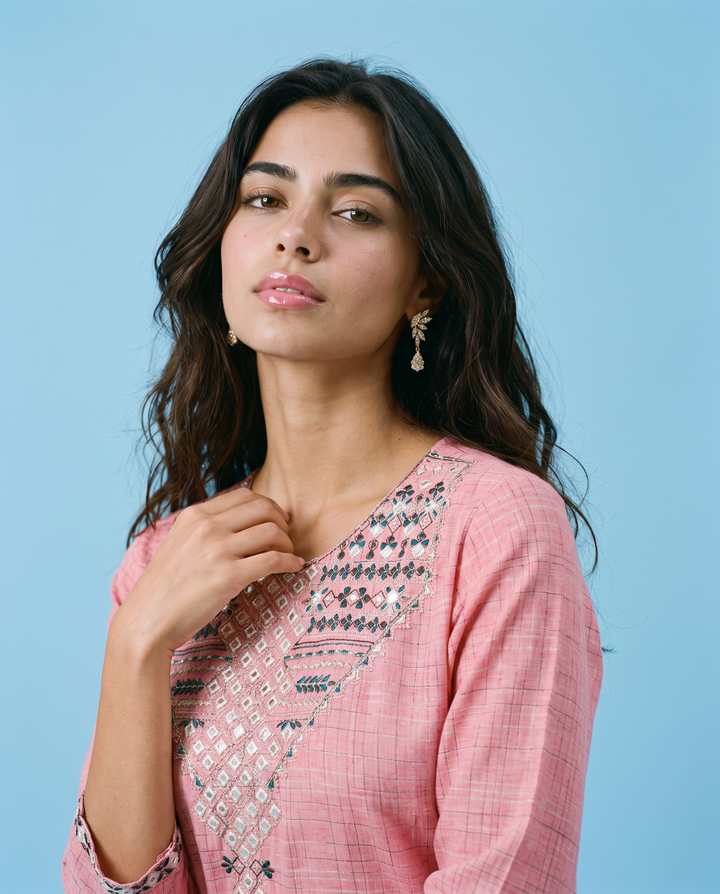 Pink Embroidered Cotton Straight cut Long Kurta