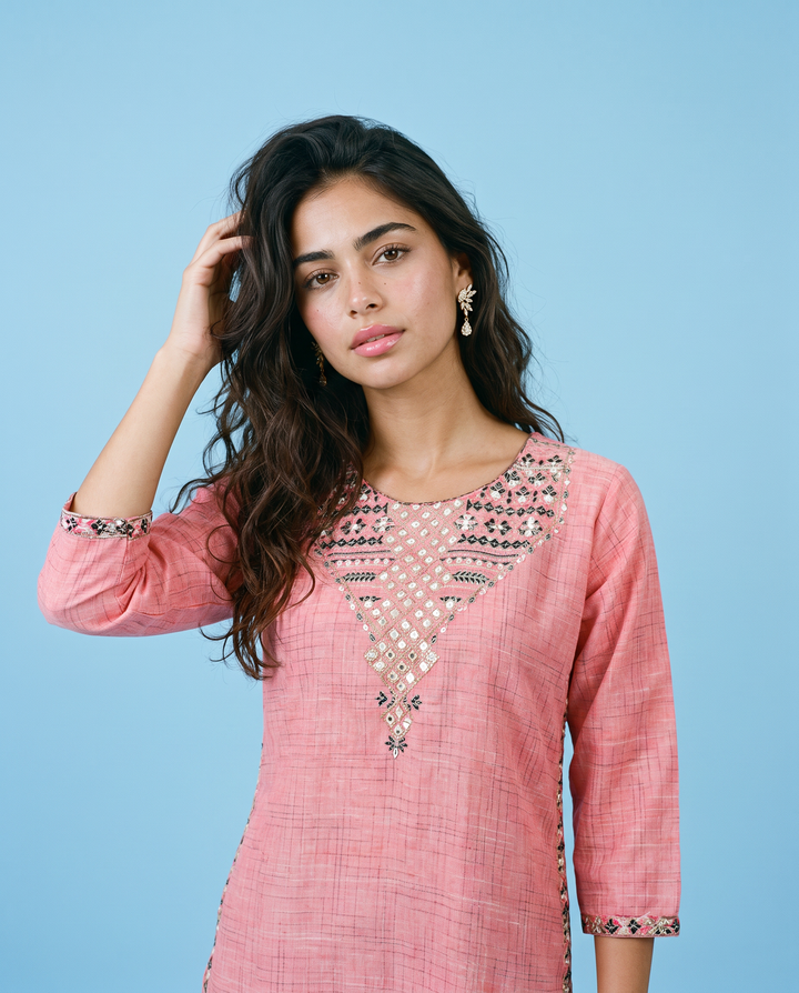 Pink Embroidered Cotton Straight cut Long Kurta
