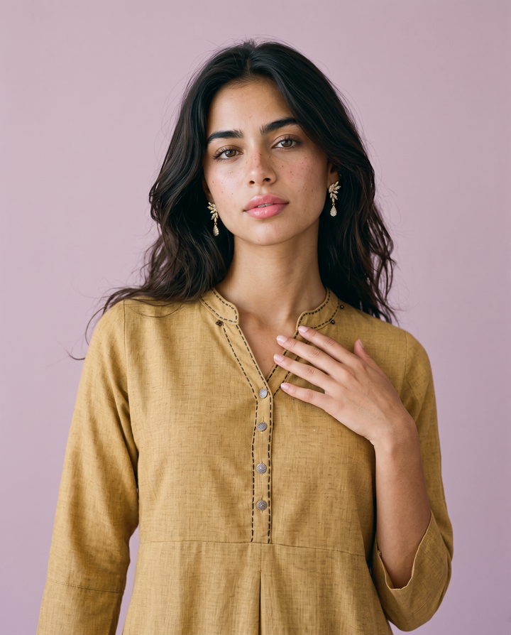 Beige Solid Rayon Blended Straight cut Long Kurta