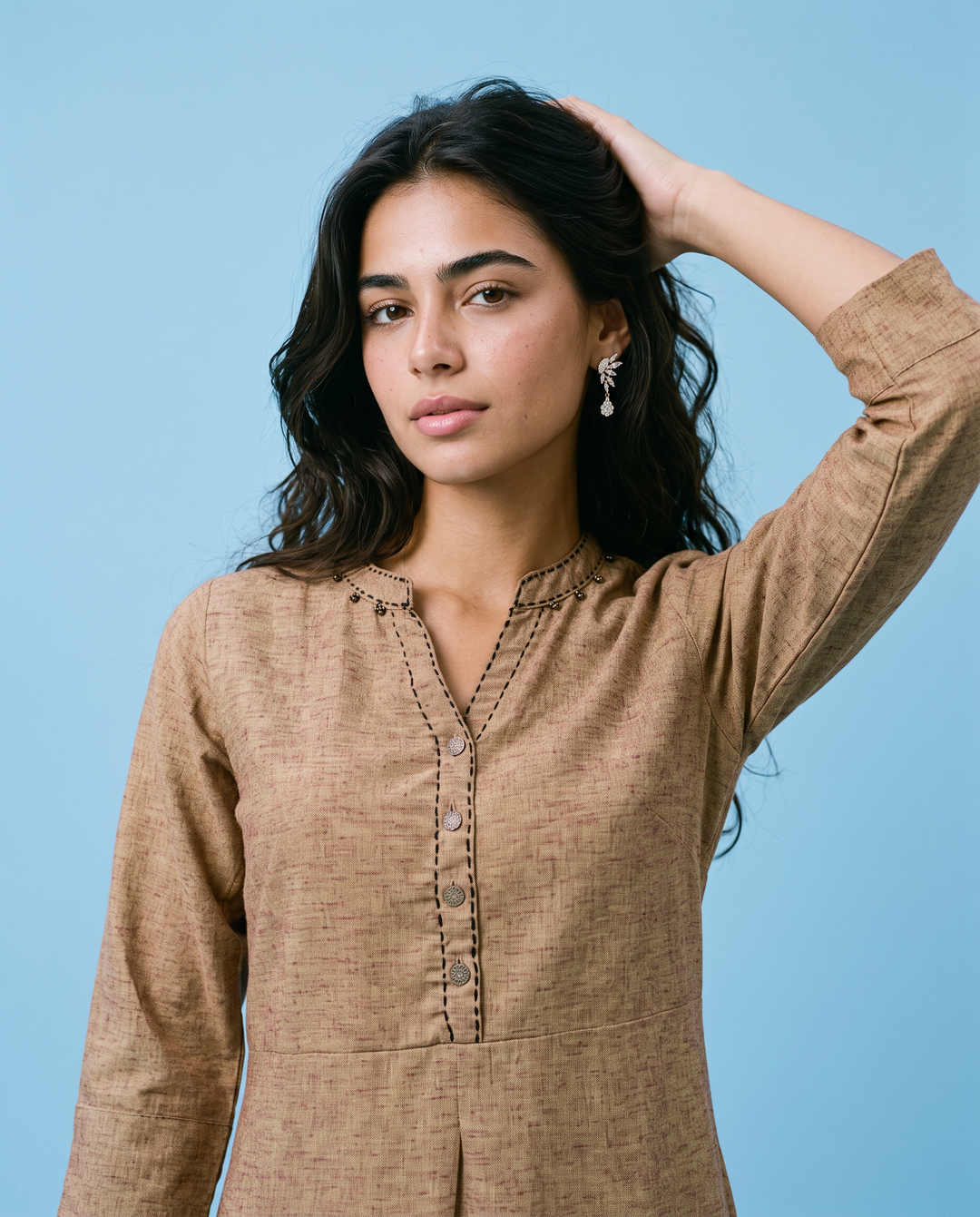 Brown Solid Rayon Blended Straight cut Long Kurta
