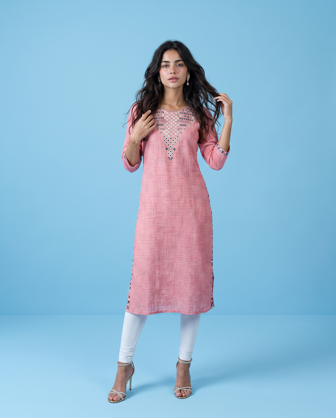 Pink Embroidered Cotton Straight cut Long Kurta
