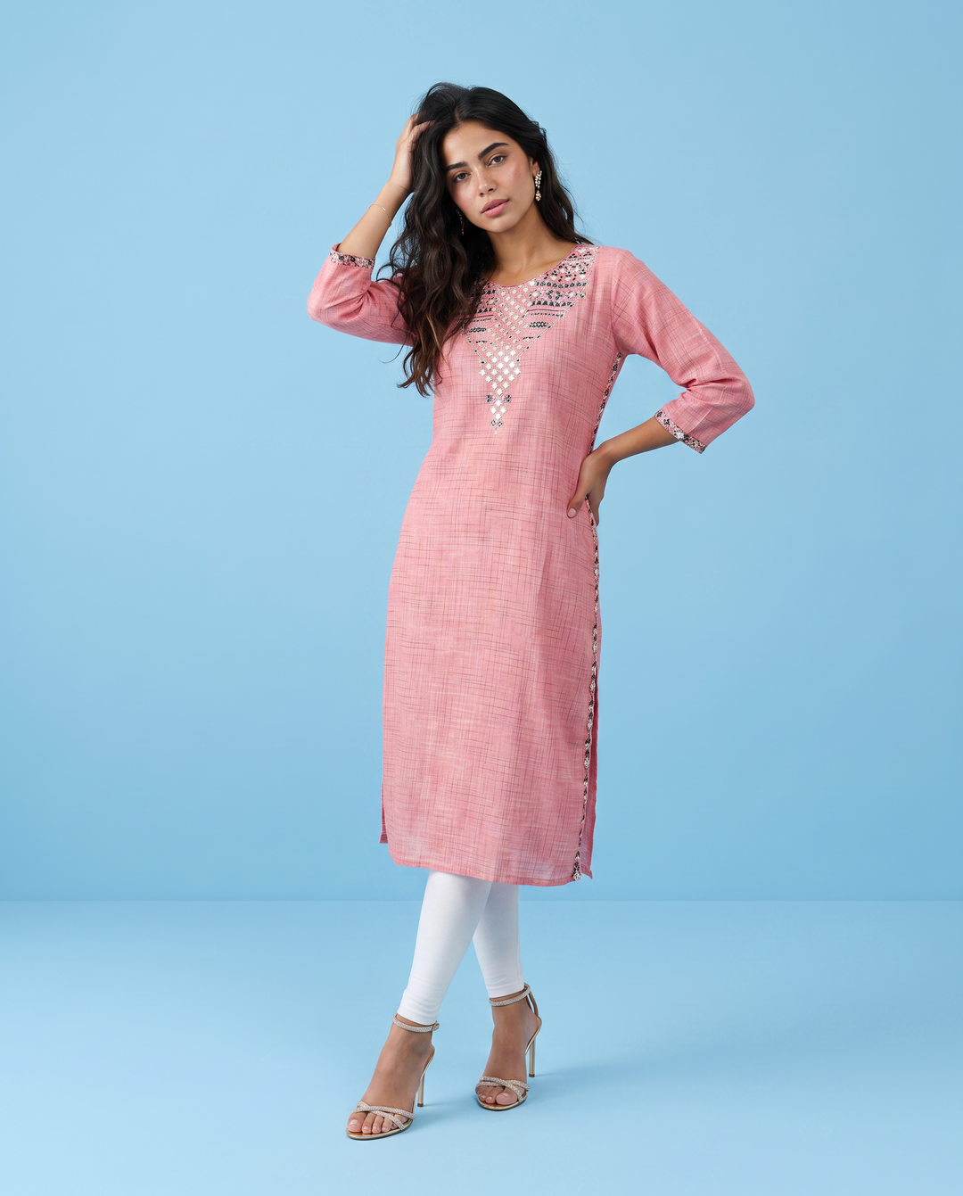 Pink Embroidered Cotton Straight cut Long Kurta