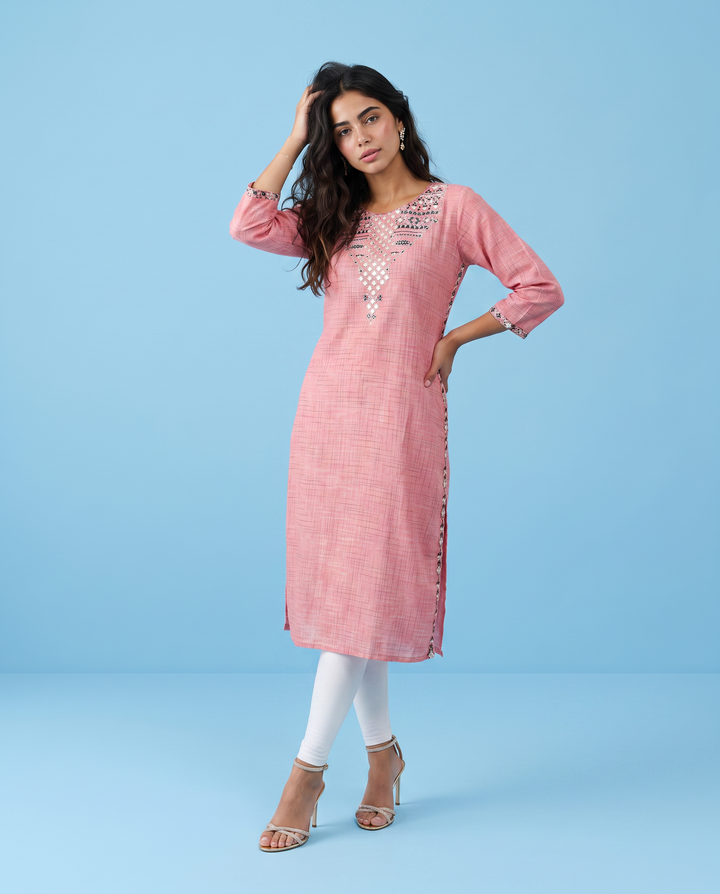 Pink Embroidered Cotton Straight cut Long Kurta