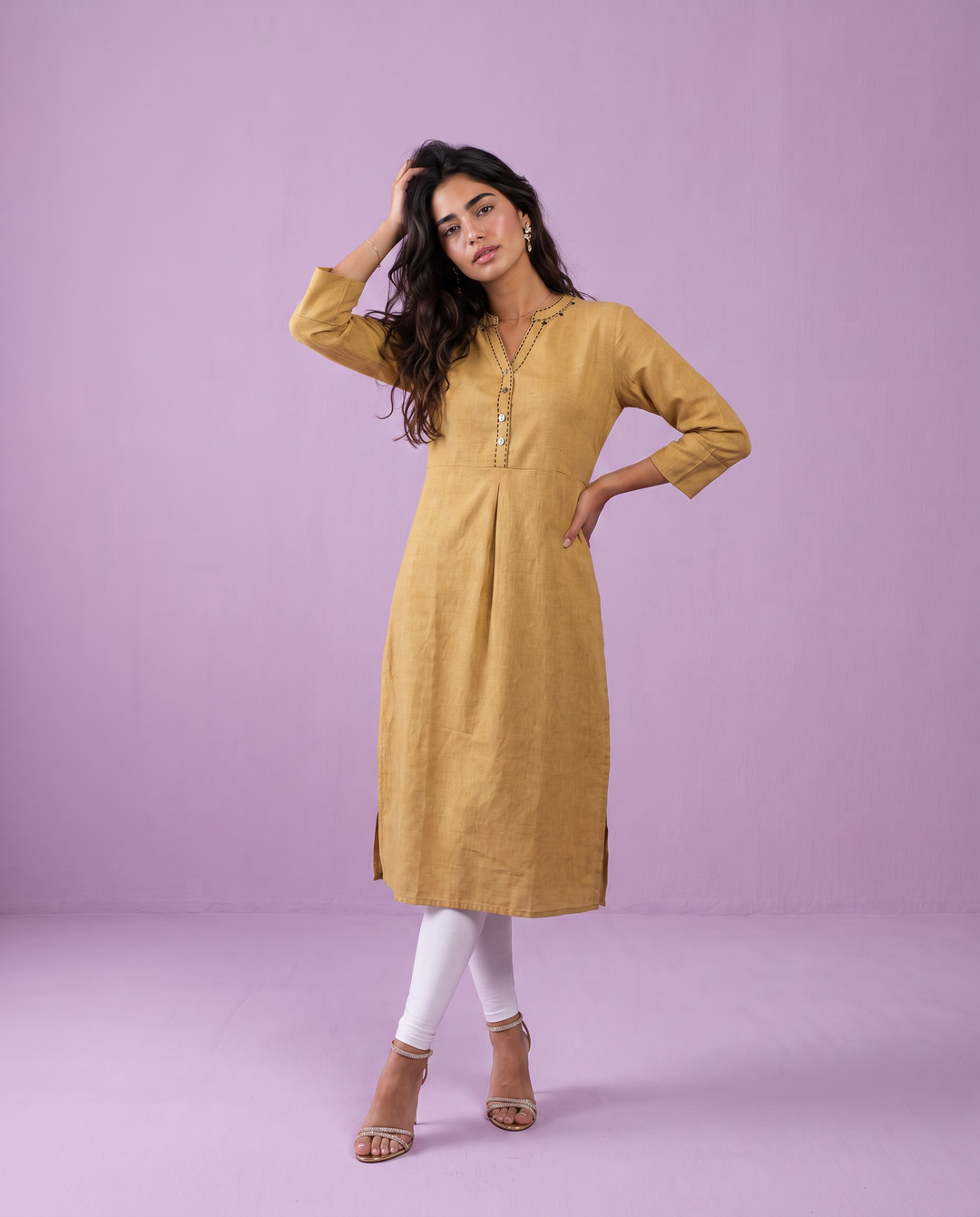Beige Solid Rayon Blended Straight cut Long Kurta