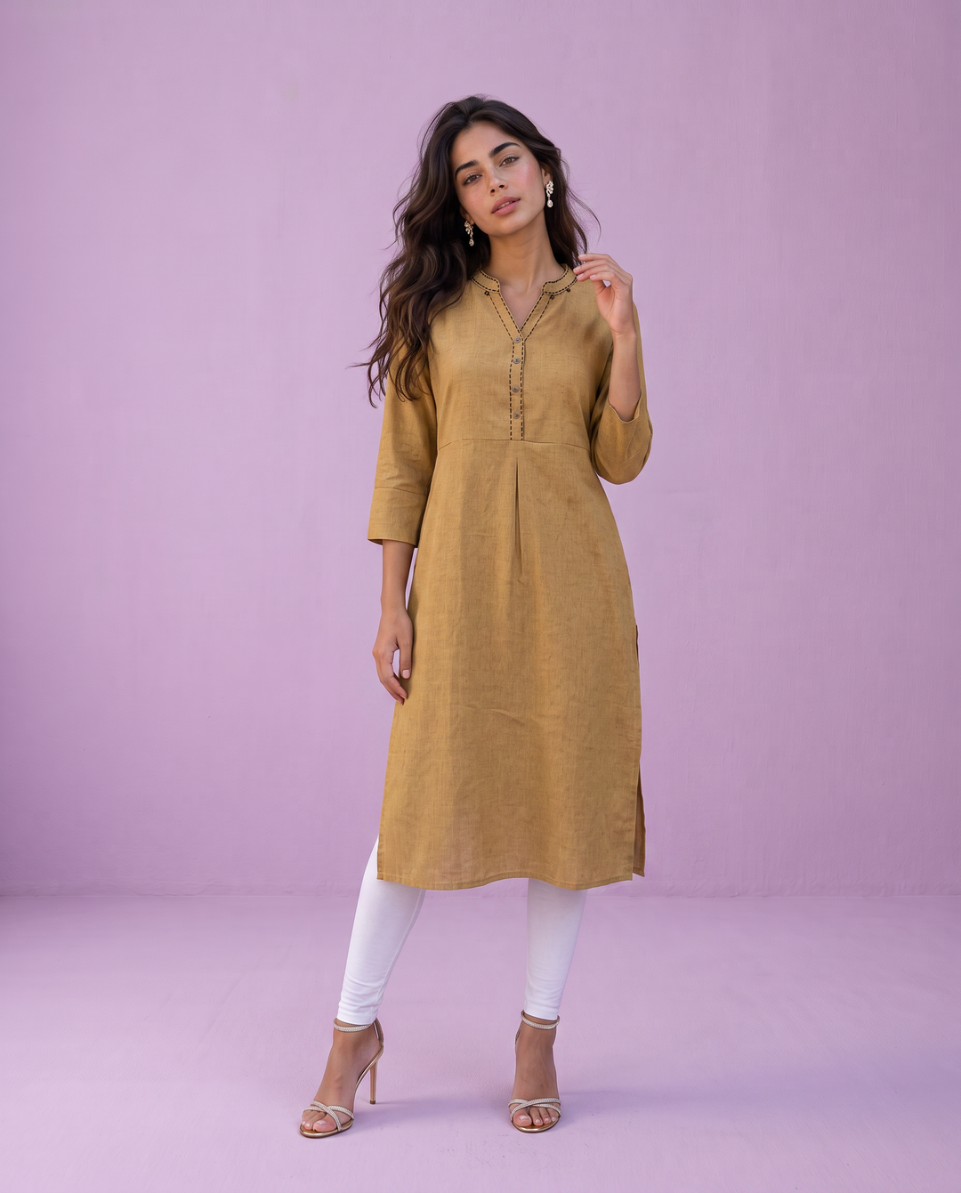 Beige Solid Rayon Blended Straight cut Long Kurta
