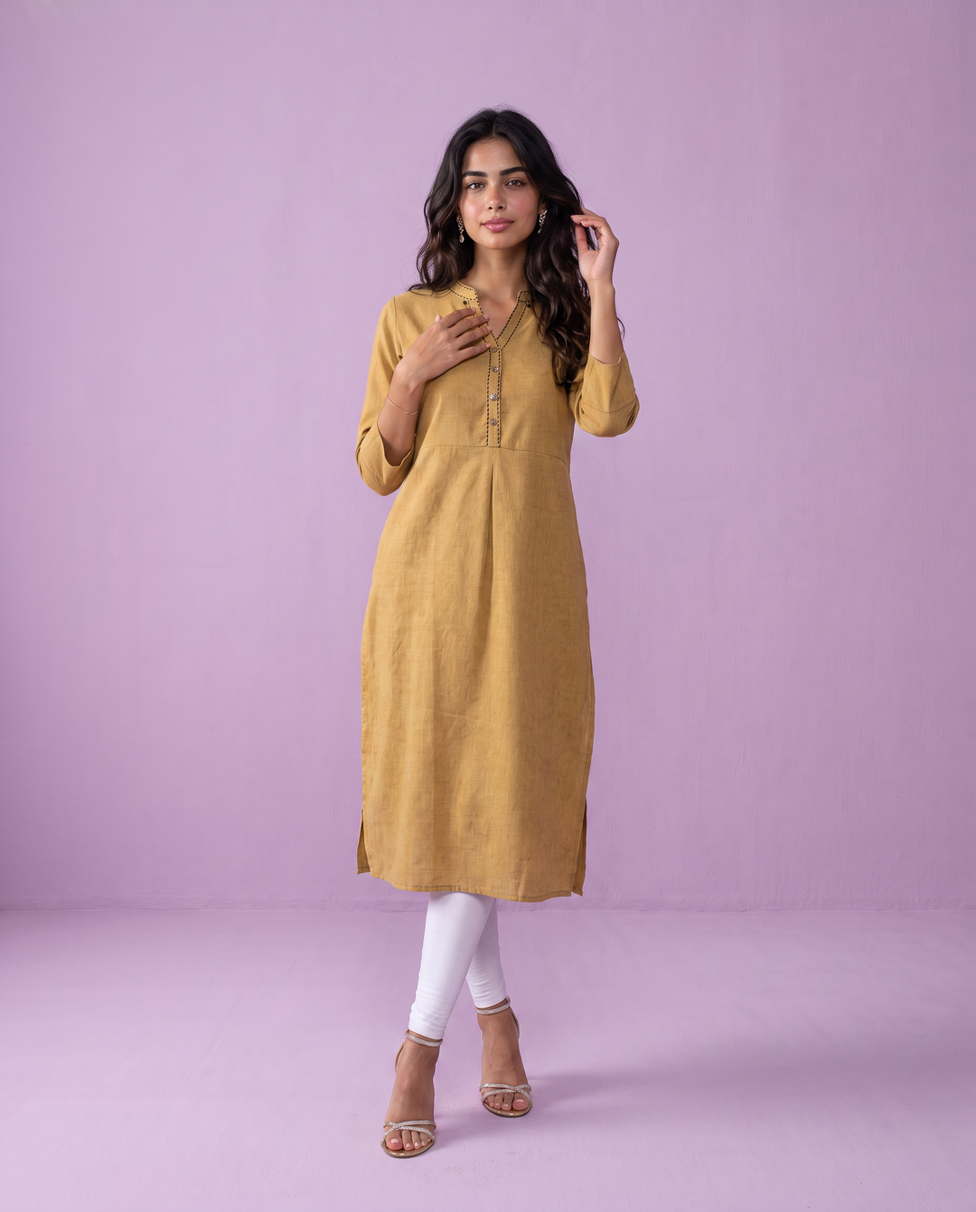 Beige Solid Rayon Blended Straight cut Long Kurta