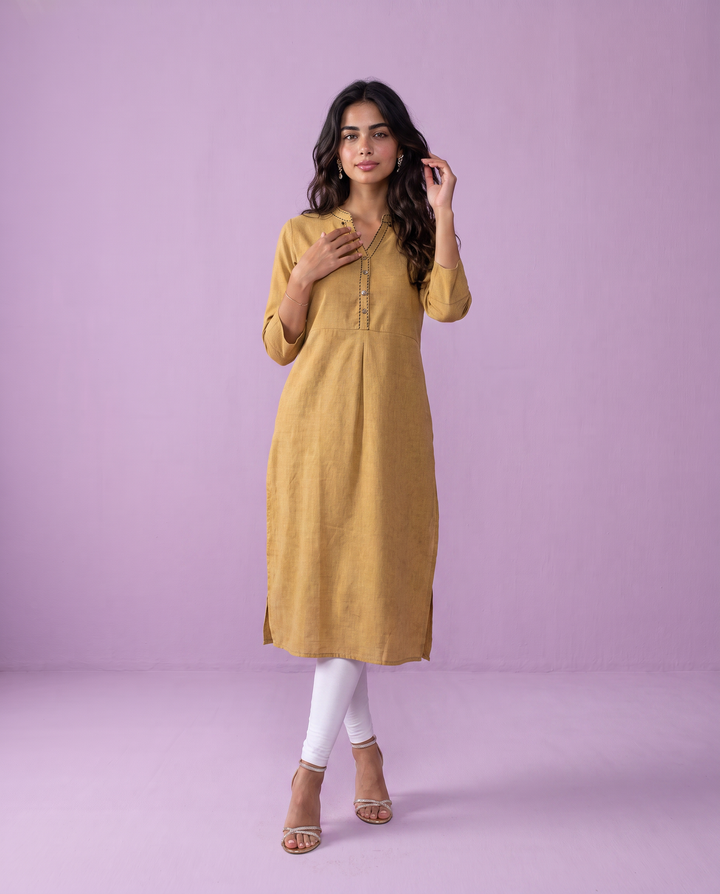 Beige Solid Rayon Blended Straight cut Long Kurta
