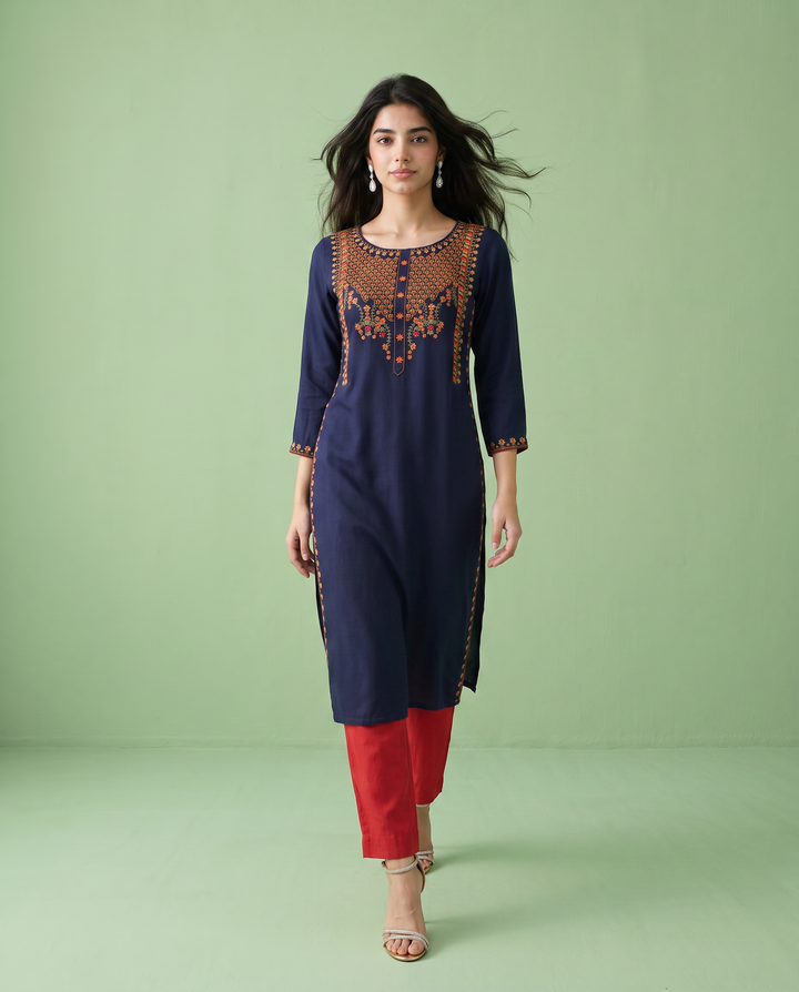 Navy Embroidered Rayon Straight Cut Long Kurta