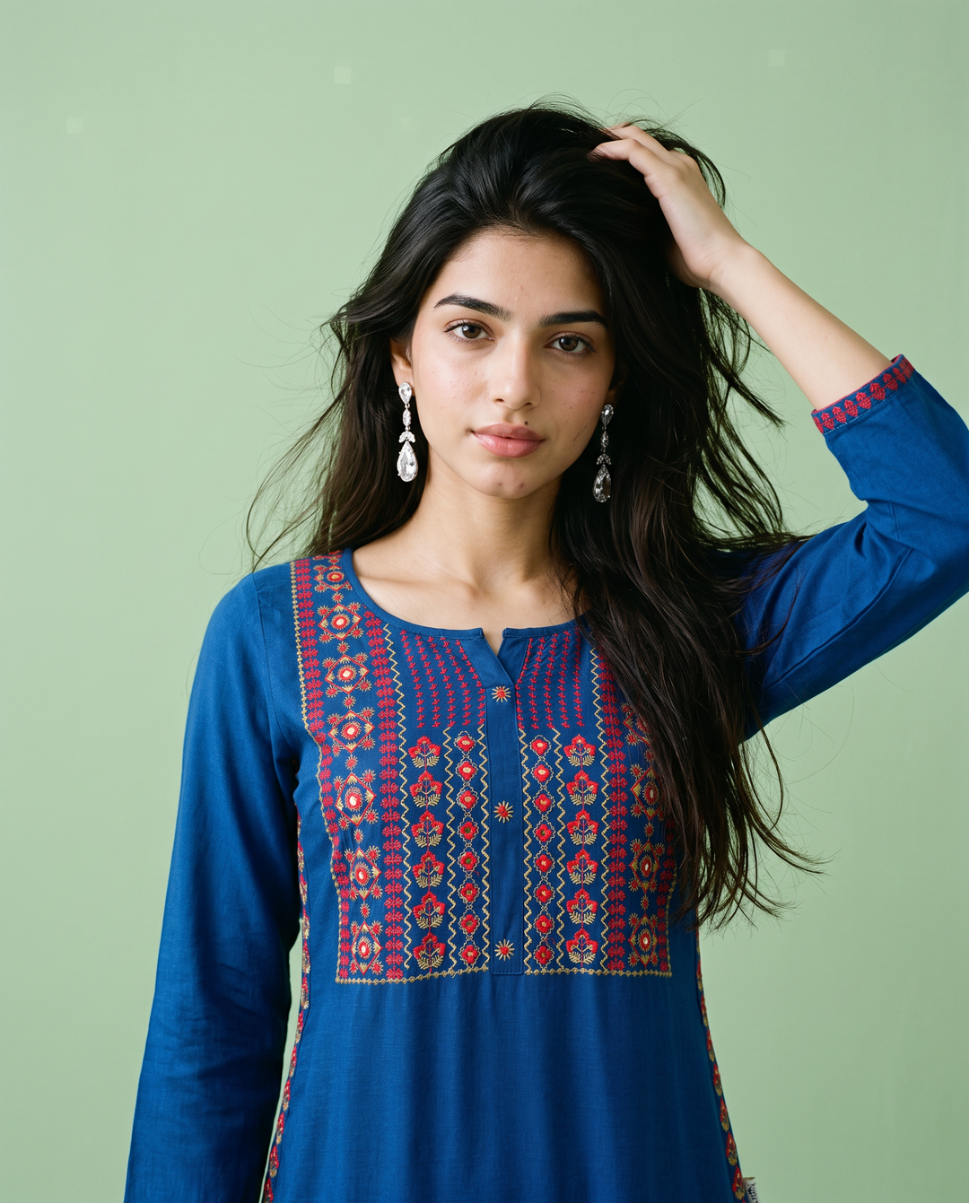 Royal Blue Embroidered Rayon Straight Cut Long Kurta