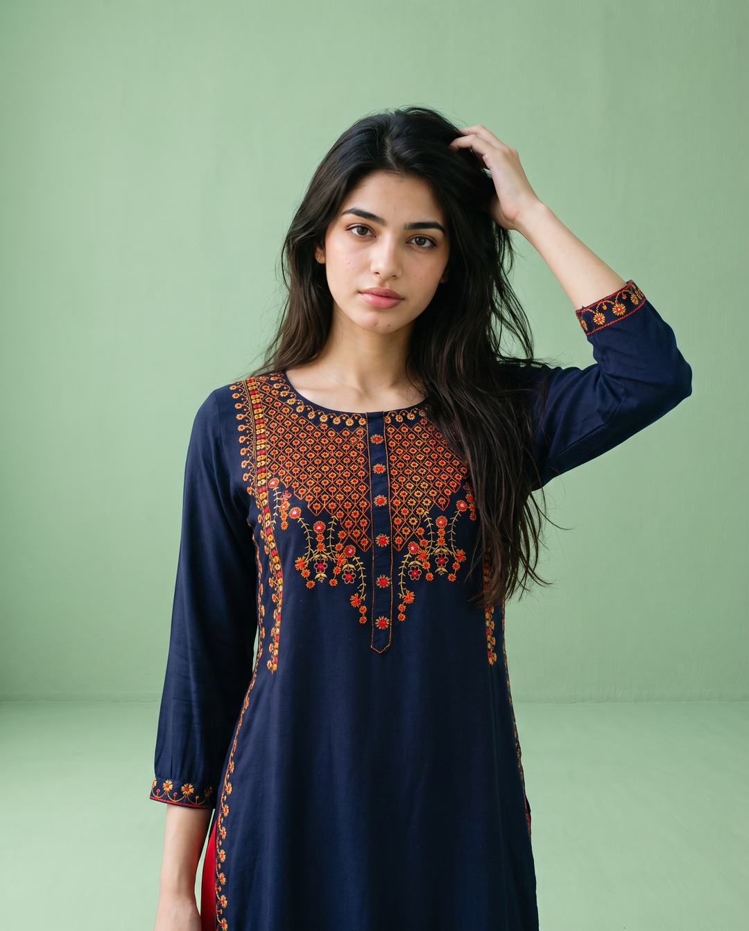 Navy Embroidered Rayon Straight Cut Long Kurta