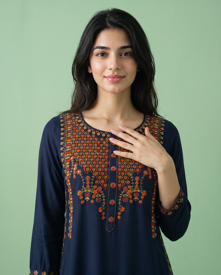 Navy Embroidered Rayon Straight Cut Long Kurta