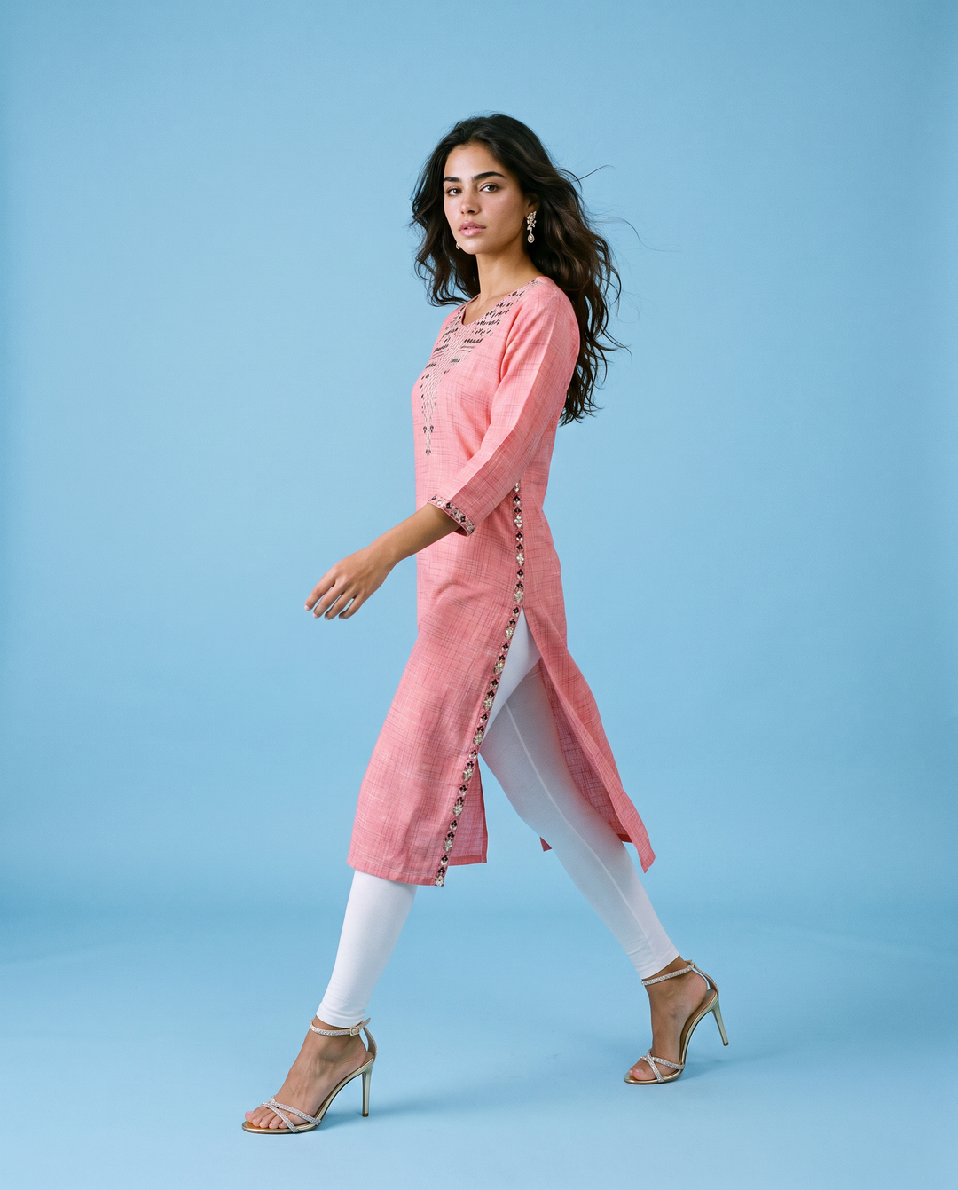 Pink Embroidered Cotton Straight cut Long Kurta