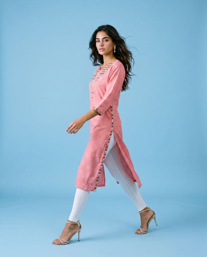 Pink Embroidered Cotton Straight cut Long Kurta