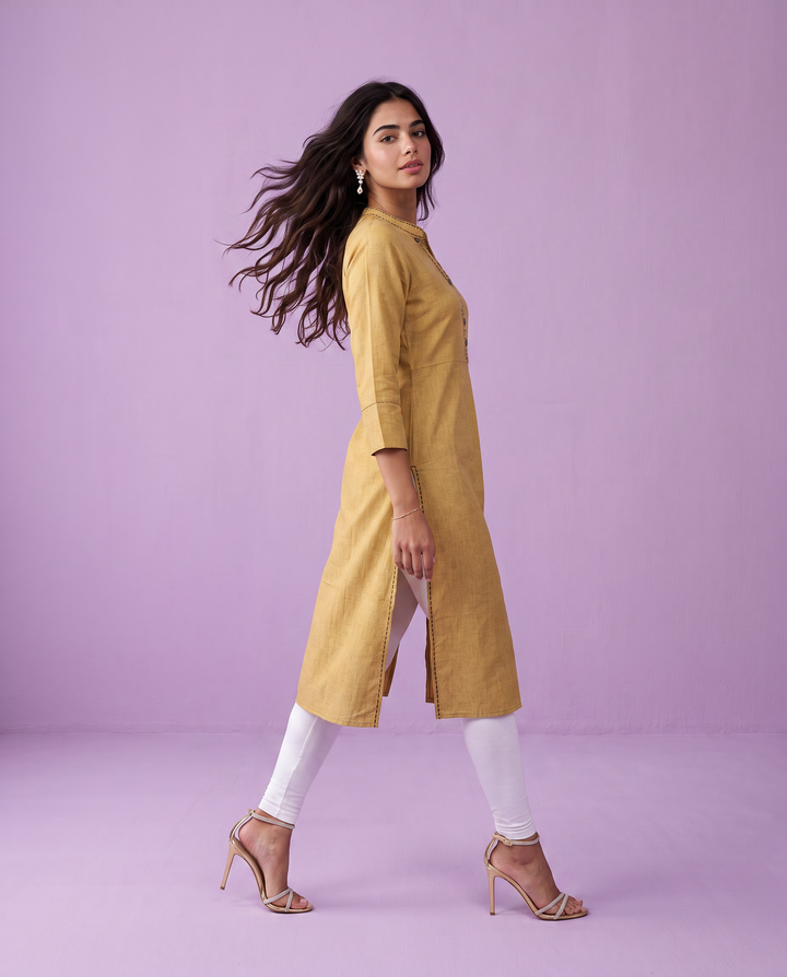 Beige Solid Rayon Blended Straight cut Long Kurta