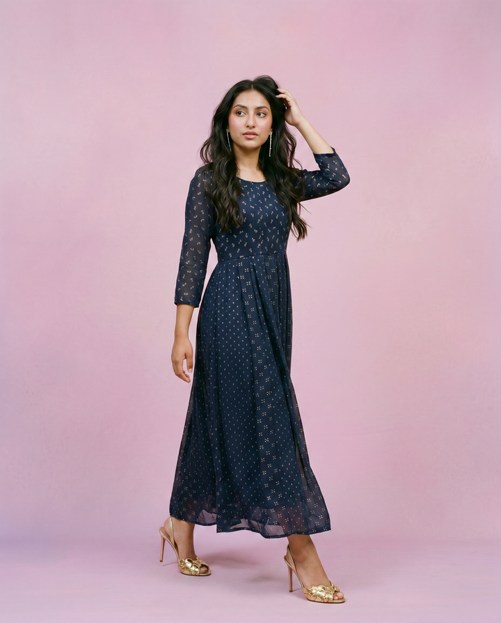Navy Printed Georgette Maxi Dress