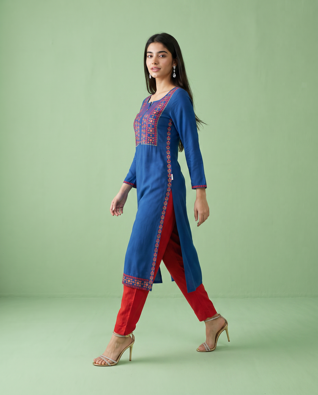Royal Blue Embroidered Rayon Straight Cut Long Kurta