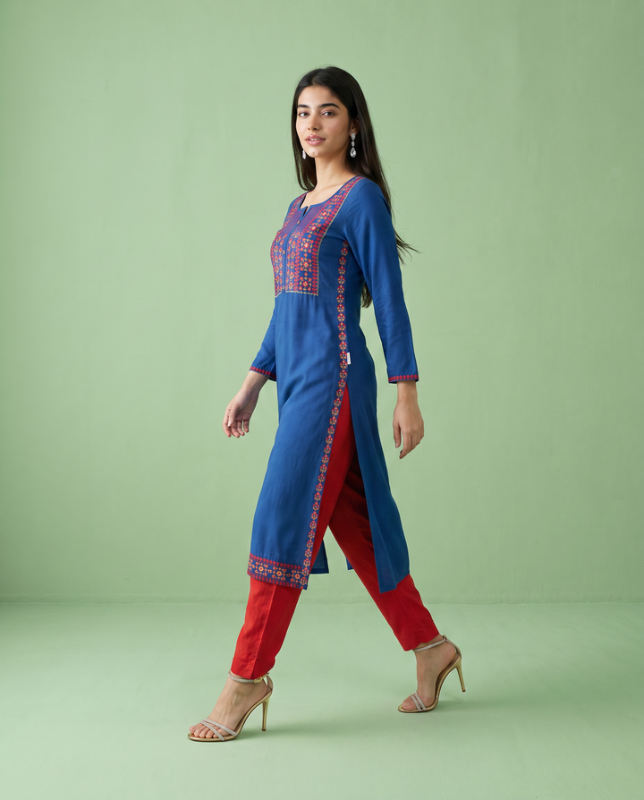Royal Blue Embroidered Rayon Straight Cut Long Kurta