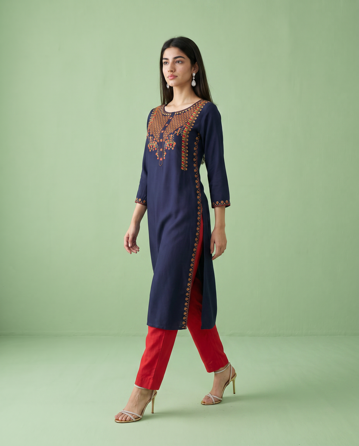 Navy Embroidered Rayon Straight Cut Long Kurta