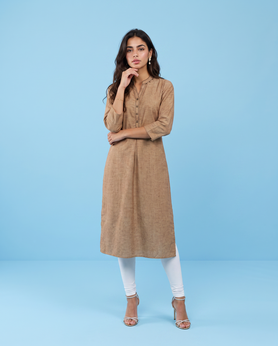 Brown Solid Rayon Blended Straight cut Long Kurta