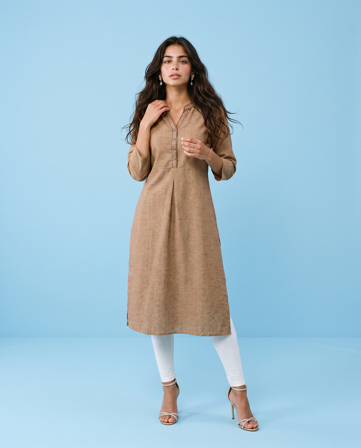 Brown Solid Rayon Blended Straight cut Long Kurta