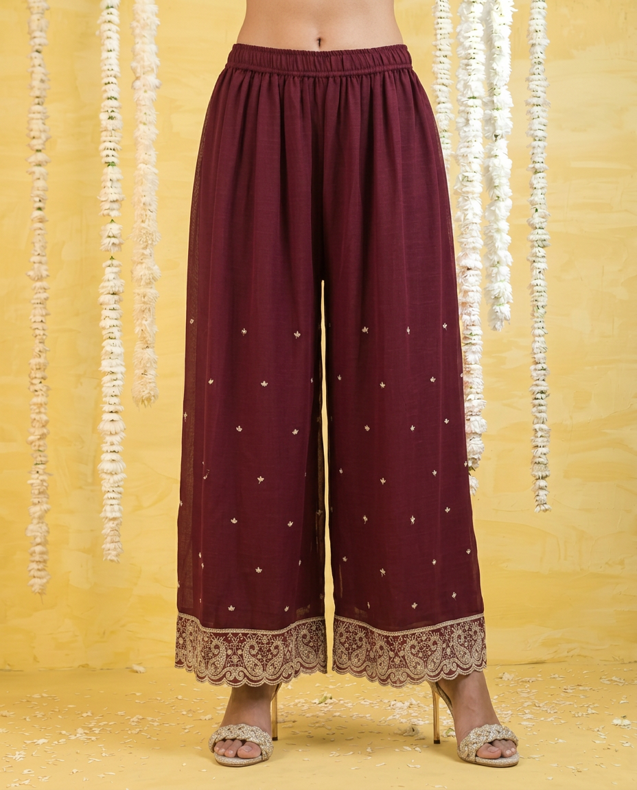 Maroon Embriodered Silk Blended 3/4 Sleeves Kurta Bottom Dupatta Set