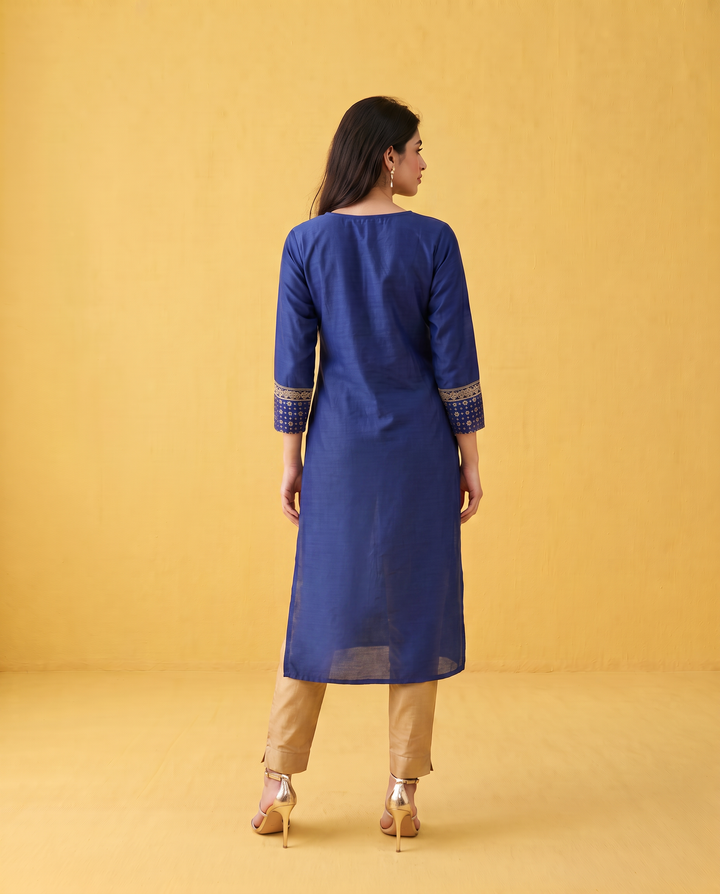 Navy Embroidered Viscose Blended Straight cut Long Kurta