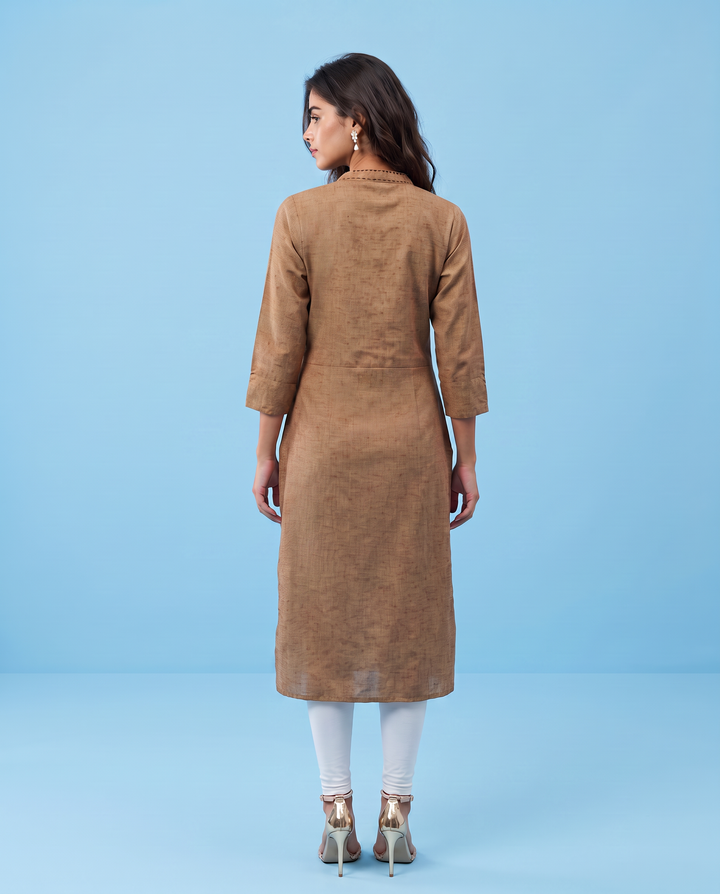 Brown Solid Rayon Blended Straight cut Long Kurta
